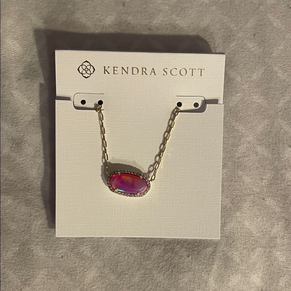 kendra scott elisa pave frame pink opalescent resin gold short pendant necklace - Picture 2 of 3